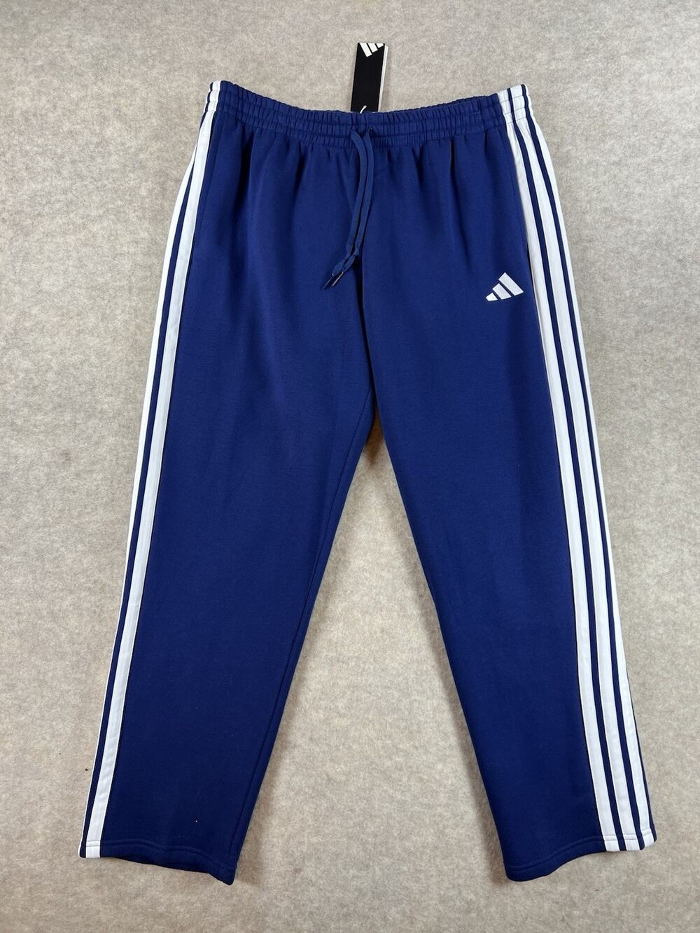 NWT Adidas Essentials 3-Stripes Open Hem Fleece Track Pants Dark Blue Men’s XL